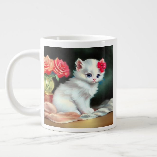 Taza De Café Gigante Ilustracion de gatito blanco con flores rojas (Izquierda)
