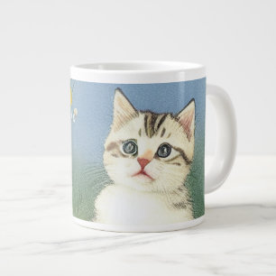 Taza De Café Gigante Ilustracion de gatito vintage con flores amarillas