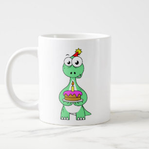 Taza De Café Gigante Ilustracion De Un Brontosauro Con Pastel De Cumple