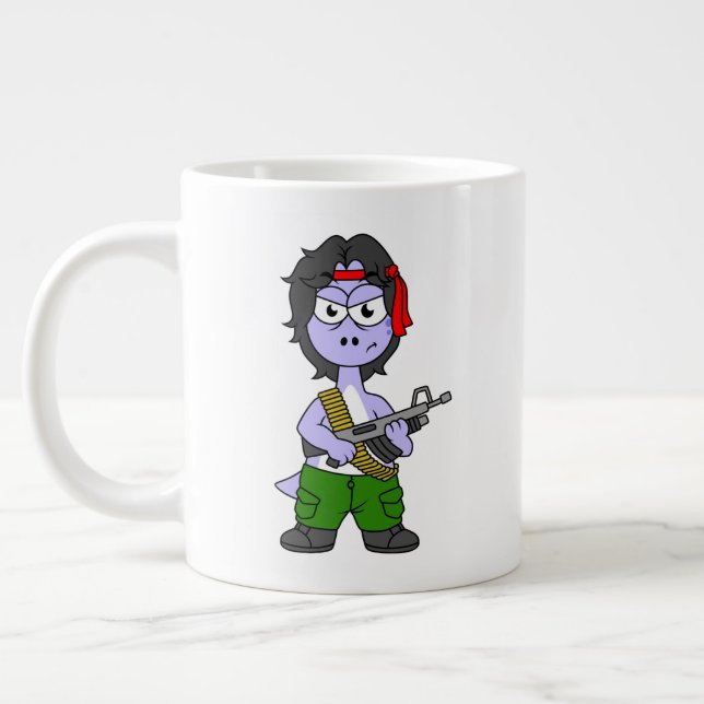 Taza De Café Gigante Ilustracion De Un Brontosauro Vestido Como Rambo. (Izquierda)