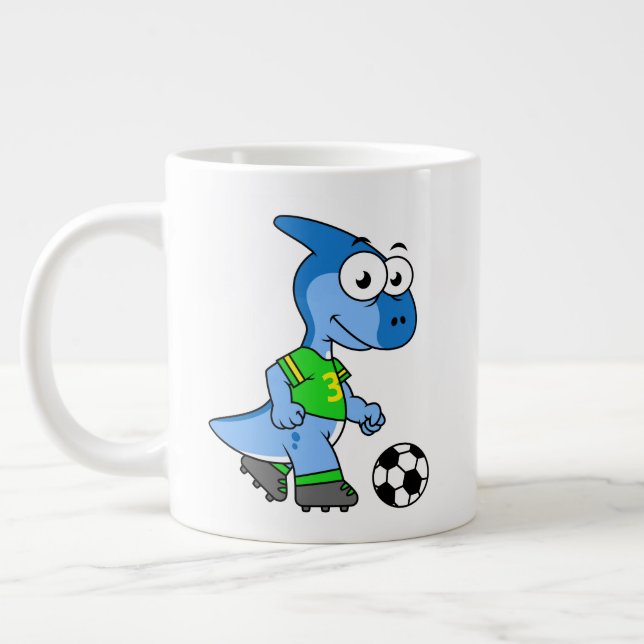 Taza De Café Gigante Ilustracion De Un Parasaurolophus Jugando Fútbol. (Izquierda)