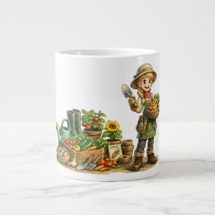 Taza De Café Gigante Ilustración de una niña jardinera linda cosechando