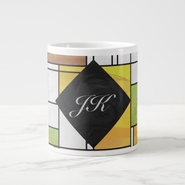 Taza De Café Gigante Impresión verde amarillo marrón mondriano (Frente)