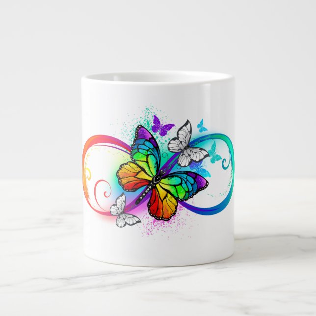 Taza De Café Gigante Infinito brillante con mariposa arco iris (Frente)