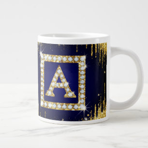 Taza De Café Gigante Inicial A con Monograma Dorado y Brillo Azul