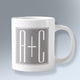 Taza De Café Gigante Iniciales de Parejas u Otro Texto   Blanco y Gris