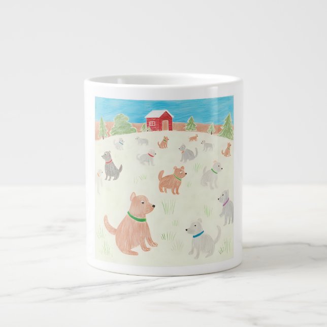Taza De Café Gigante Invierno en la granja de perros (Frente)