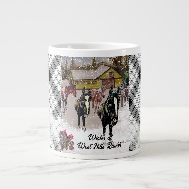 Taza De Café Gigante Invierno en West Hills Farm 2 caballos negros (Frente)
