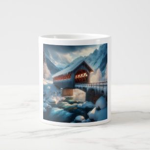 Taza De Café Gigante Invierno, puente cubierto de nieve y río