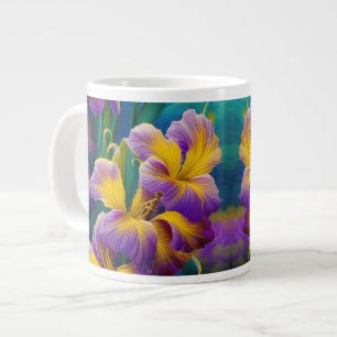 Taza De Café Gigante Iris Floral Púrpura y hojas verdes azules de oro
