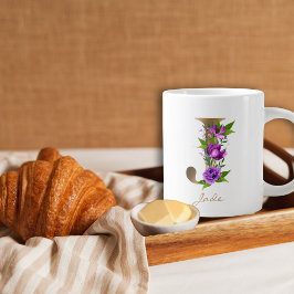 Taza De Café Gigante J Letra oro monograma | Floral verde púrpura
