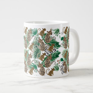 Taza De Café Gigante Jaguar y vegetación de safari en acuarela a mano