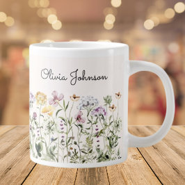 Taza De Café Gigante Jardín de flores silvestres con nombre personaliza
