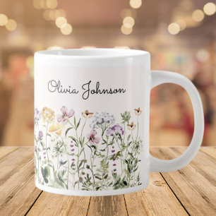 Taza De Café Gigante Jardín de flores silvestres con nombre personaliza