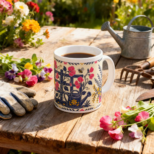 Taza De Café Gigante Jardín de Guisantes Dulces Arte Popular Linocut En