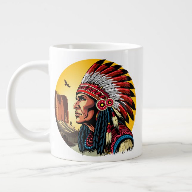 Taza De Café Gigante Jefe nativo americano en el salvaje atardecer pais (Izquierda)
