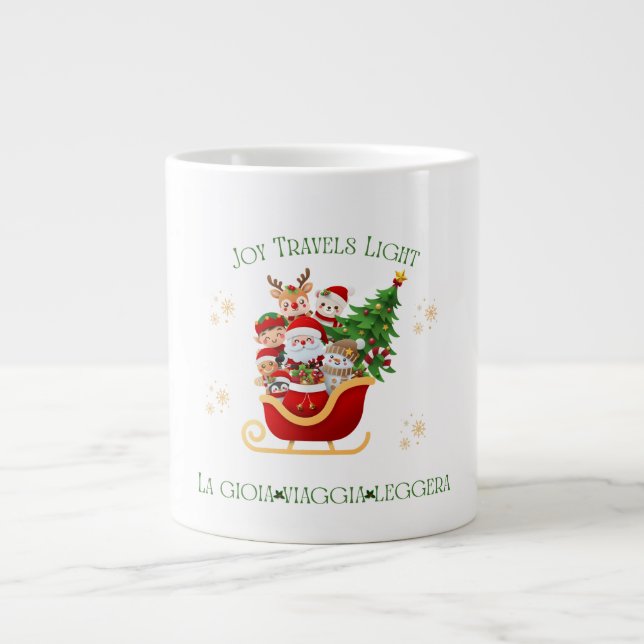 Taza De Café Gigante Joy Travels Light – Bilingual Holiday Sleigh  (Frente)