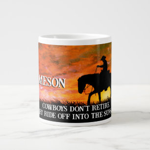 Taza De Café Gigante Jubilación de vaqueros, caballos y atardecer