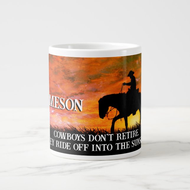 Taza De Café Gigante Jubilación de vaqueros, caballos y atardecer (Frente)