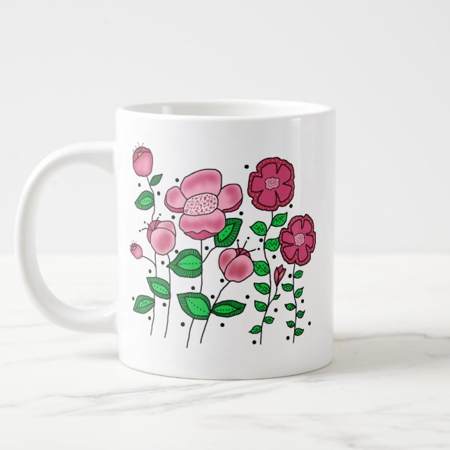 Taza De Café Gigante JUMBO Mug - Pink whimsical flowers (Izquierda)