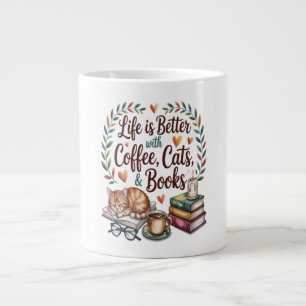 Taza De Café Gigante La vida es mejor con café gatos libros