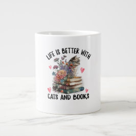 Taza De Café Gigante La vida es mejor con gatos y libros divertido gato