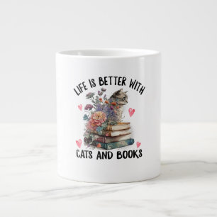 Taza De Café Gigante La vida es mejor con gatos y libros divertido gato