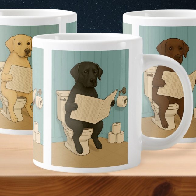 Taza De Café Gigante Labrador leyendo periódico sobre el inodoro (Labrador Reading Newspaper on Toilet Giant Coffee Mug by Ricaso. Depicting 3 Labrador breed colors)