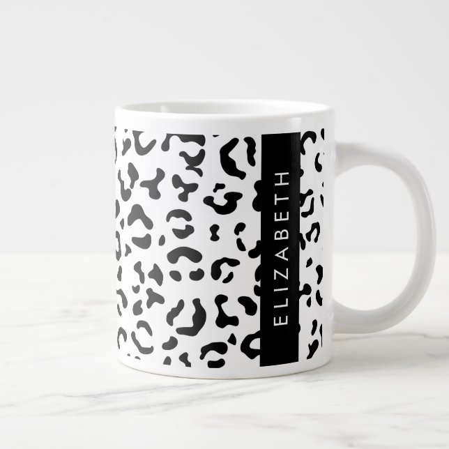 Taza De Café Gigante Leopard Print, Spots, Black And White, Tu Nombre (Derecha)