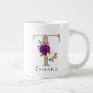 Taza De Café Gigante Letra floral mayúscula con nombre personalizado "T