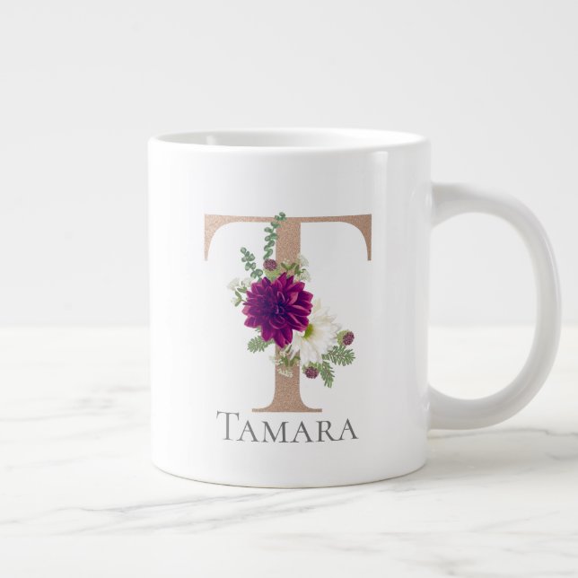 Taza De Café Gigante Letra floral mayúscula con nombre personalizado "T (Derecha)