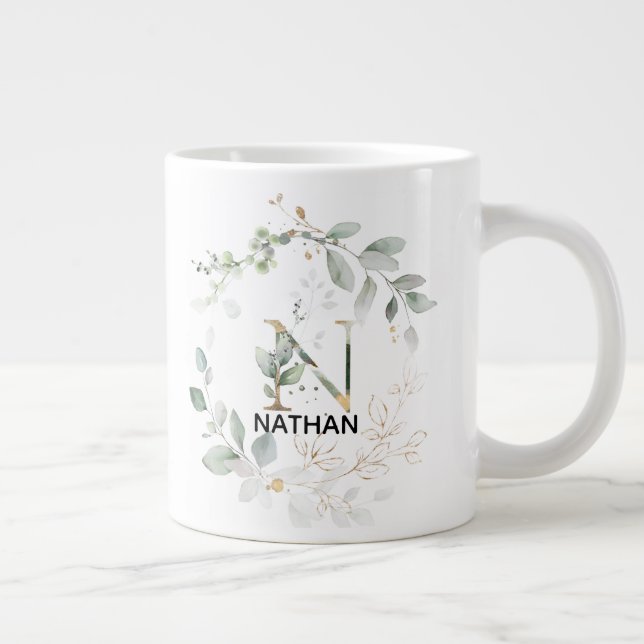 Taza De Café Gigante Letra N Guiso de verde monograma inicial con oro (Derecha)