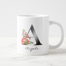 Taza De Café Gigante Letra Silver Monograma Floral Verde Púrpura Rojo