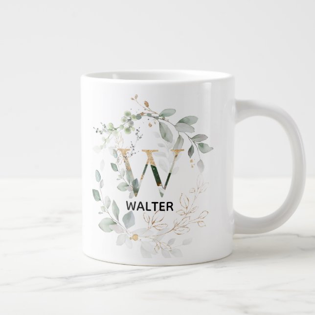 Taza De Café Gigante Letra verde izquierda ancha monograma inicial W (Derecha)