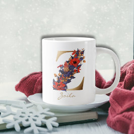 Taza De Café Gigante Letra Z oro monograma rojo púrpura amarillo floral