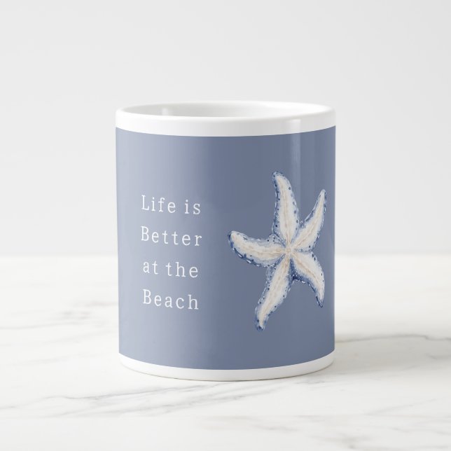 Taza De Café Gigante Life is Better Beach Blue White Starfish (Frente)
