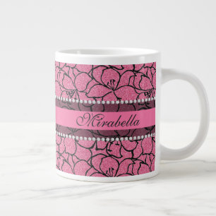 Taza De Café Gigante Lilis rosas exuberantes con contorno negro, purpur