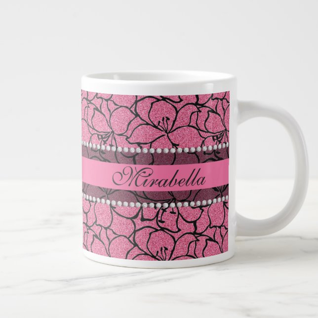 Taza De Café Gigante Lilis rosas exuberantes con contorno negro, purpur (Derecha)