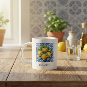 Taza De Café Gigante Limon Amalfi Italia Azul Blanco Baldosa Personaliz