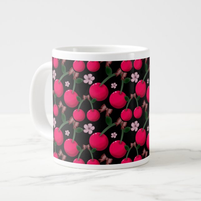 Taza De Café Gigante Lindo patrón floral de cereza roja (Izquierda)