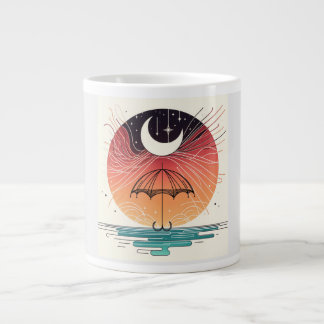 Taza De Café Gigante Línea Surreal Boho de la Luna y los Paraguas