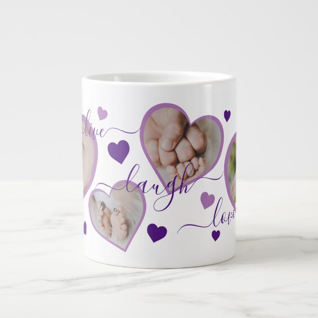 Taza De Café Gigante Live Laugh Love Photo Hearts Purple (Frente)