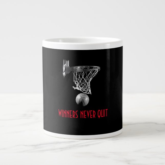 Taza De Café Gigante Los ganadores nunca abandonan el baloncesto (Frente)