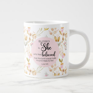 Taza De Café Gigante Luke 1:45 Bendita es su floral rosa acuarela