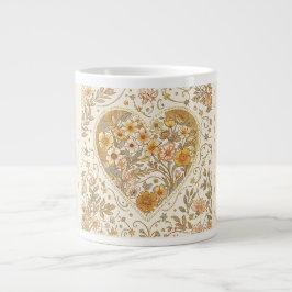Taza De Café Gigante Luxury, , Beigi Gold Yellow ,Love Heart Flowers