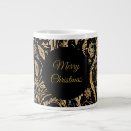 Taza De Café Gigante Luxury Black Gold Flowers Pattern, Merry Christmas
