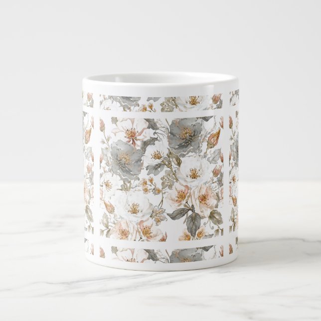 Taza De Café Gigante Luxury, Elegant, Gold Grey Flowers Pattern  (Frente)