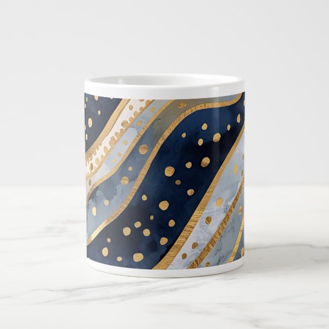 Taza De Café Gigante Luxury, Modern, Gold Blue Pattern, (Frente)
