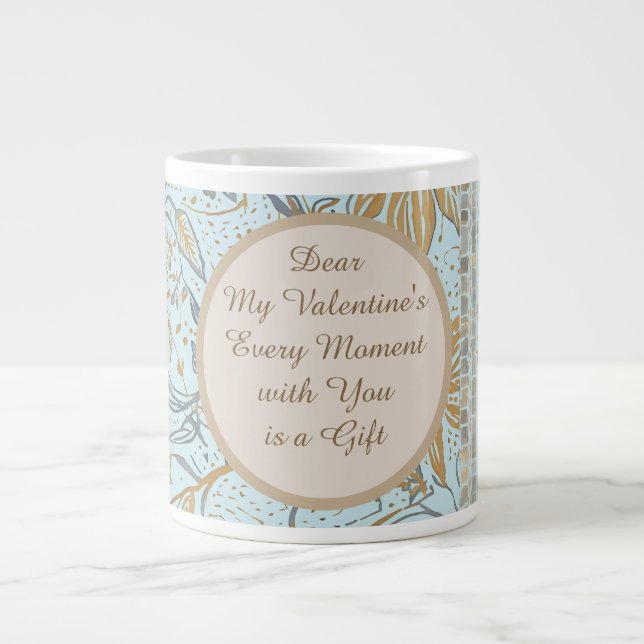 Taza De Café Gigante Luxury, Valentine's Day,Gold Soft Blue Flowers Art (Frente)