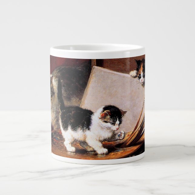Taza De Café Gigante Madre gata y gatitos en la mesa (Frente)